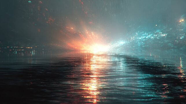 Calm waters reflect the glow of distant city lights at dusk, creating a mesmerizing display of colors on the water's surface, evoking feelings of serenity and wonder