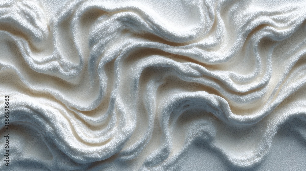 Poster white textured fabric with flowing and swirled shapes, resembling soft waves, in a light and airy st