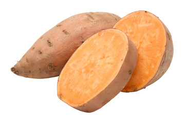 Cut sweet potatoes isolated on transparent background