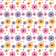 Charming seamless pattern of colorful daisy flowers and polka dots