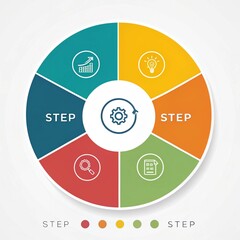 Colorful circular infographic template with 5 steps and icons inside each section, clean flat style with editable text areas.