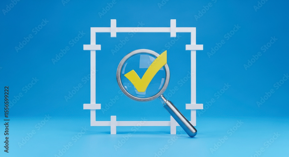Poster magnifying glass check mark validation verification approval confirmation quality control blue backg