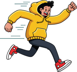 Young man running fast in yellow hoodie and red sneakers energetic movement vector illustration