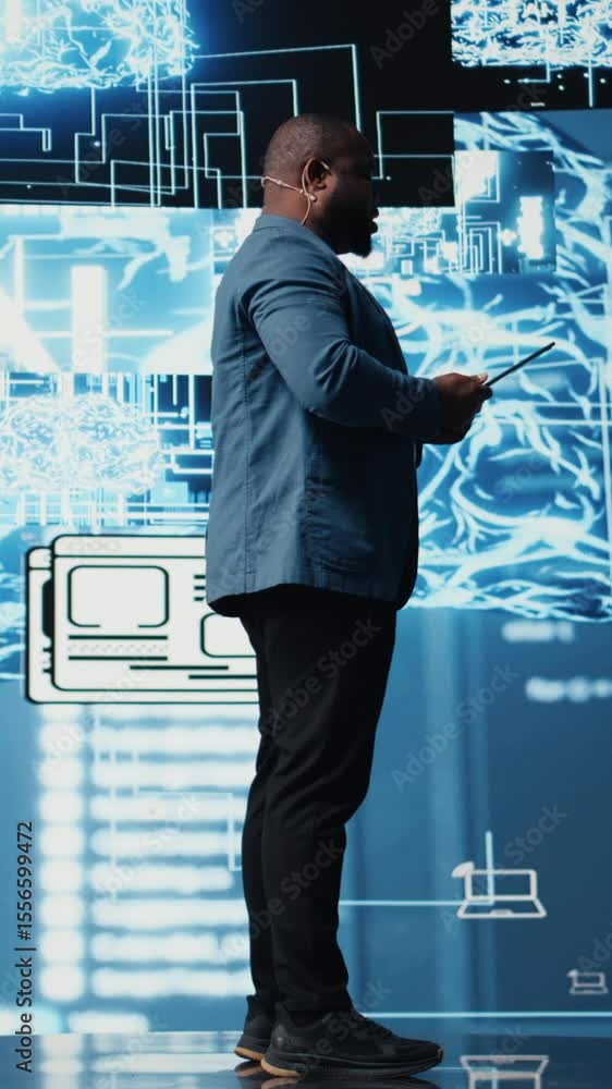 Poster vertical video african american it expert hosting a presentation with ai systems for the audience, t