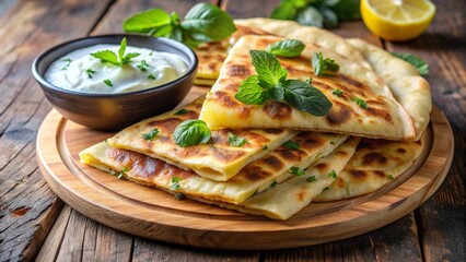 Afghan bolani flatbread stuffed with potatoes, served with yogurt dip and mint.