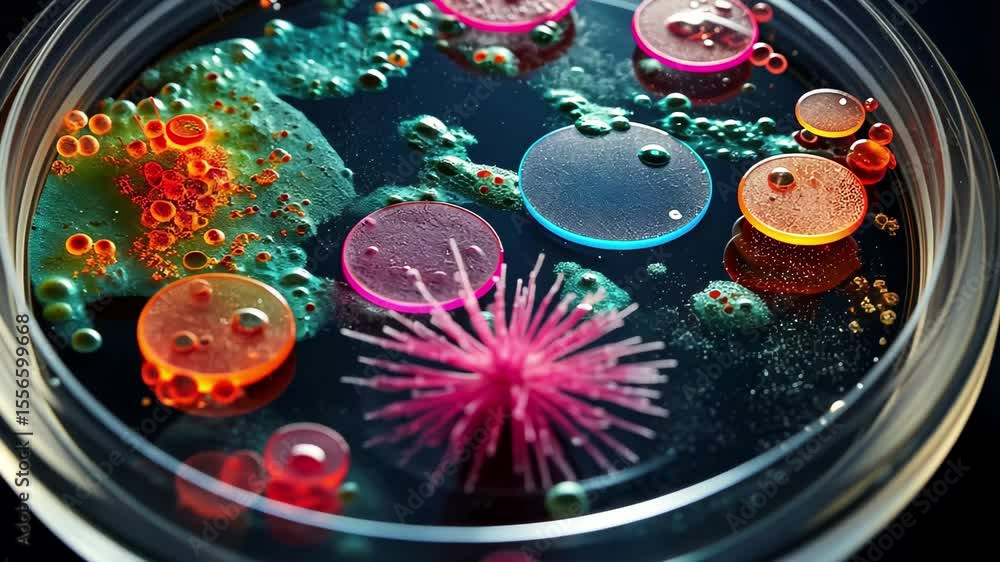 Poster colorful microscopic view of bacteria and microorganisms in a petri dish showcasing scientific explo