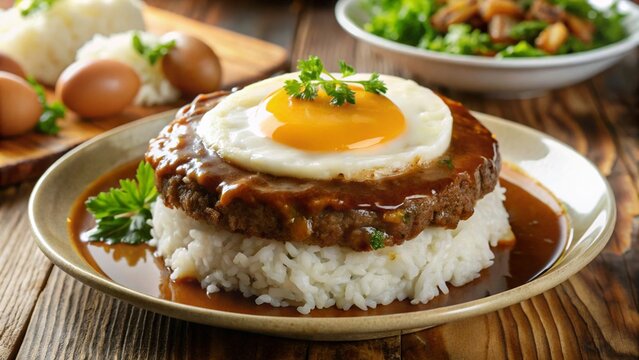 Hawaiian loco moco rice with hamburger patty, egg, and gravy.