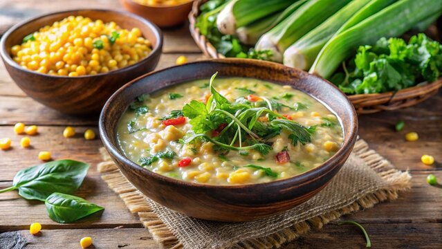 East Timorese batar daan corn and mung bean porridge with greens.