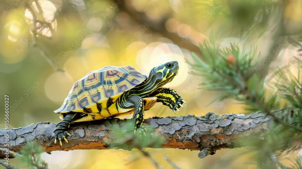 Poster colorful turtle resting on a branch in a vibrant forest during golden hour