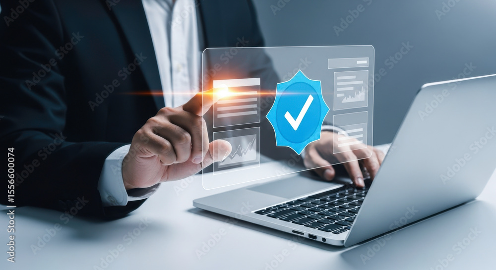 Aufkleber business man using laptop with check mark verification digital technology security system access