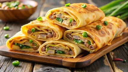 Taiwanese dan bing egg pancake roll with meat and scallions.