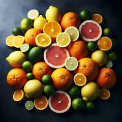 Organic citrus fruits with dewdrops, arranged artistically.