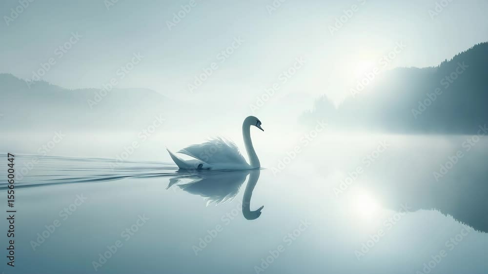 Poster elegant swan gliding across a serene lake in the early morning fog with tranquil reflections and sof