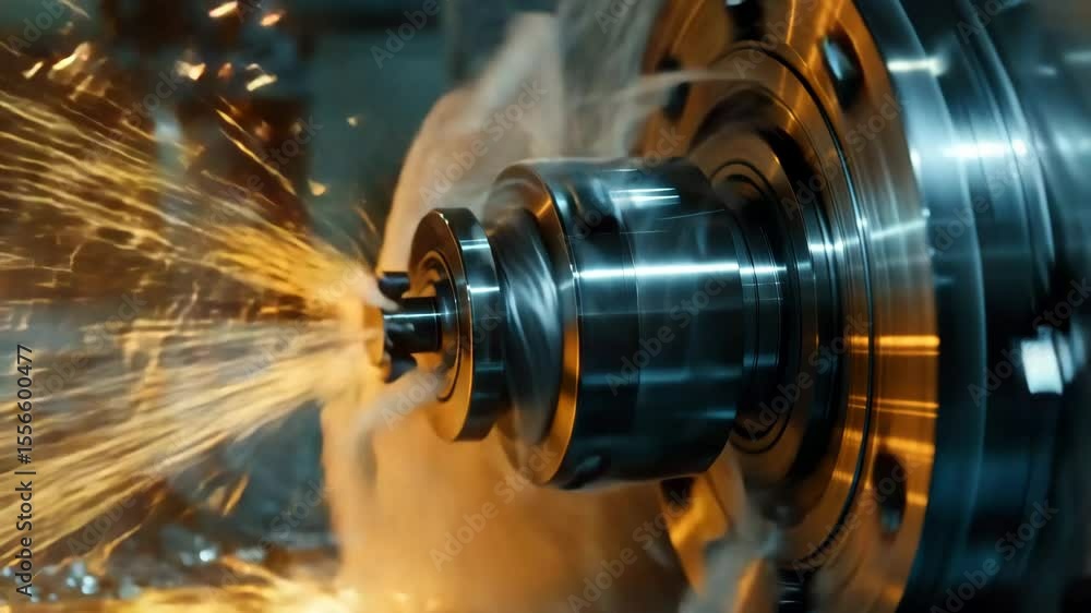 Poster metalworking machinery in action producing sparks and precision parts during industrial manufacturin