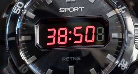 Closeup of a digital sport watch displaying time in red LED digits