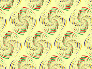 Abstract Retro Circular Design. Psychedelic Spiral Pattern with Dots and Squares. Colorful seamless pattern with swirling spirals of red green yellow blue dots and squares on a yellow background