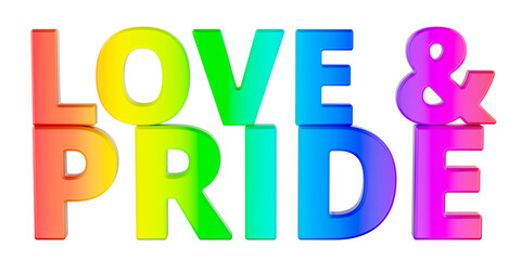 Love and pride rainbow 3d text. LGBTQ rights, acceptance and equality, concept. 3D rendering isolated on transparent background