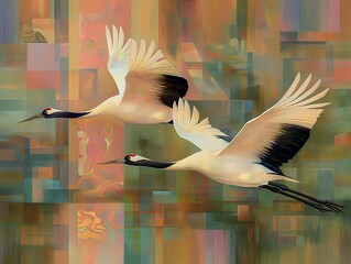 Abstract Depiction of Flying Cranes Against a Geometric Artistic Background