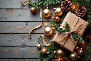 Christmas Gift and Decorations on Rustic Wooden Background