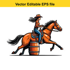Fototapeta premium Barrel Racing Illustration: A Cowgirl Riding a Horse Around a Barrel in an Exciting Rodeo Competition