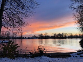 Pink Winter sunset near the Fraser River in South Vancouver, B.C. Canada
