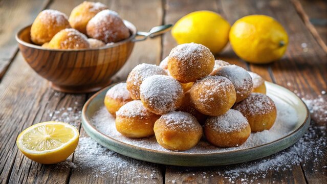Croatian fritule mini doughnuts dusted with sugar and lemon zest