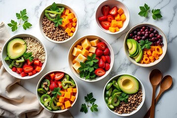 Vibrant flat lay of assorted healthy buddha bowls with fresh fruits, vegetables, and superfoods on a marble surface