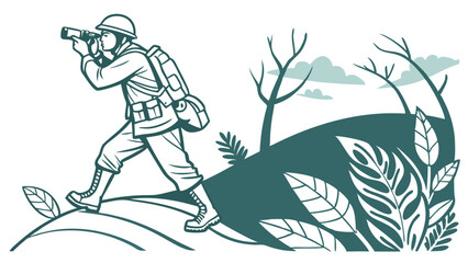Fototapeta premium Soldier Hiking with Binoculars in a Scenic Landscape.