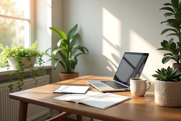 Minimalist Home Office Workspace with Laptop, Tablet, and Coffee Mug in Sunlit Room with Indoor Plants – Lifestyle Photo