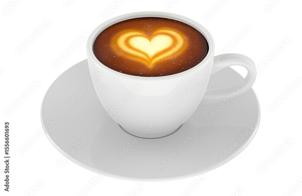 Poster coffee cup with heart latte art. 3d rendering isolated on transparent background
