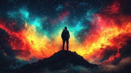 Fototapeta premium Silhouette of a person standing on a mountaintop, gazing at a vibrant night sky filled with stars and nebulae.