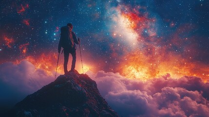 Fototapeta premium Lone figure stands atop a mountain peak, gazing at a vibrant night sky filled with stars and nebulae.
