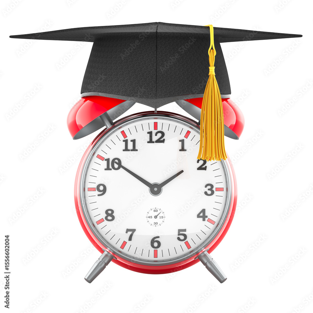 Poster alarm clock with graduation cap. education time management, concept. 3d rendering isolated on transp