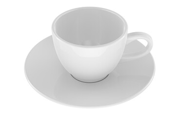 Empty white coffee cup and saucer, clean ceramic tableware. 3D rendering isolated on transparent background