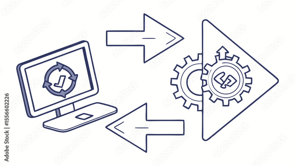 Fototapete Computer System Data Flow with Arrows and Gears.