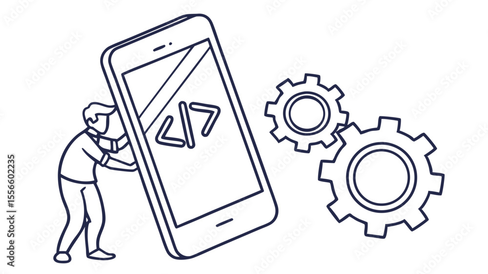 Poster developer interacting with smartphone gears and code symbol.