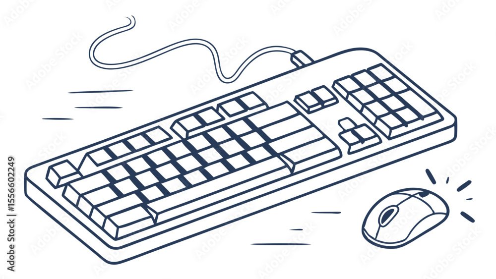Poster line art illustration of a computer keyboard and mouse.