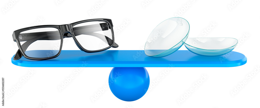 Poster glasses and contact lenses on balance. vision correction choice, concept. 3d rendering isolated on t