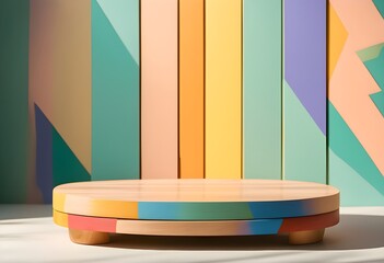 wooden product display platform with colorful background and sunlight shadows