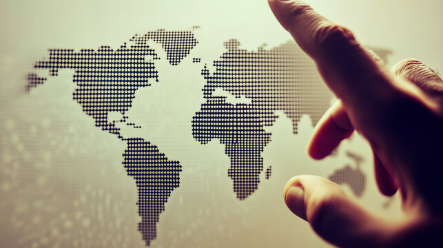 A hand points to a dot map of the world, highlighting global connections. A hand pointing towards a dot-patterned world map, symbolizing global reach and connectivity. Business strategy and planning.