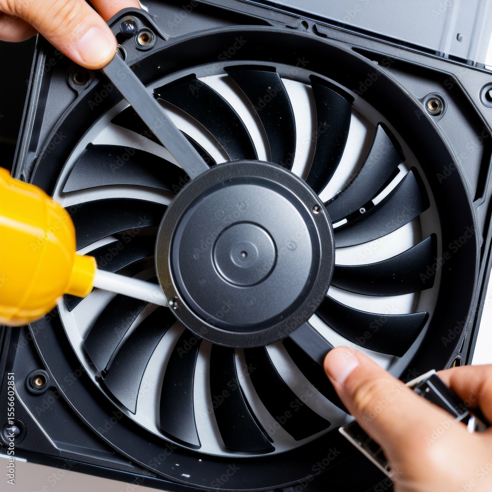 Poster close black computer case fan inside fan has multiple blades arranged circular pattern center fan bl