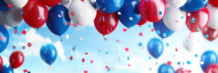 Bastille day celebration with red, white, and blue balloons and confetti on a bright sky background. Horizontal banner. Copy space. Free space for text. Balloons in colors of flag of flag of France