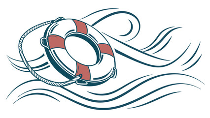 Stylized Lifebuoy with Rope and Waves Illustration on Transparent Background.