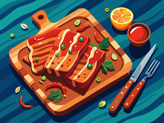 vector of Pork ribs are served on a chopping board with lemon wedges and sauce...view from above.