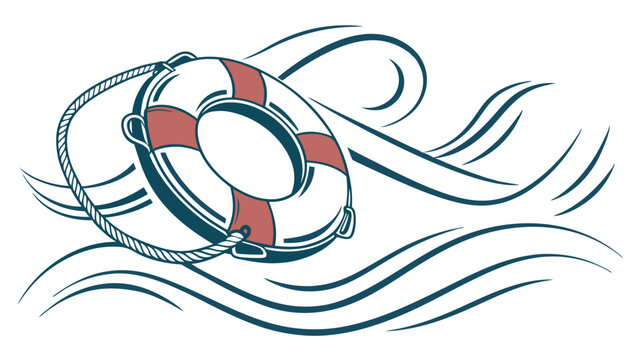 Stylized Lifebuoy with Rope and Waves Illustration on Transparent Background.