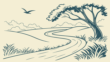 Handdrawn landscape with winding road tree bird and clouds.