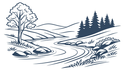 Serene Mountain Stream Scene with Trees and Hills.