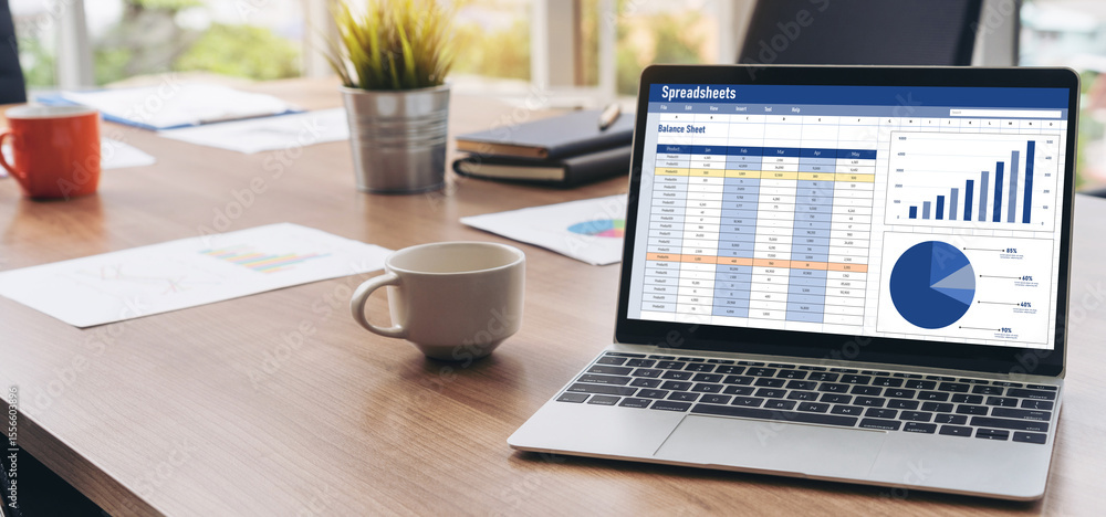 Poster spreadsheet document information financial startup concept. data and graphs in spreadsheet documents