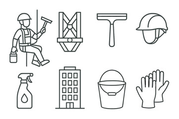 Window cleaning icons set – linear, maintenance and hygiene vector symbols
