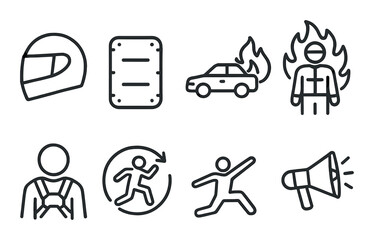 Stunt equipment icons set – linear, action and safety symbols for professionals
